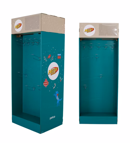Espositore Sidekick in cartone con stampa blu da pavimento per forniture per animali domestici
